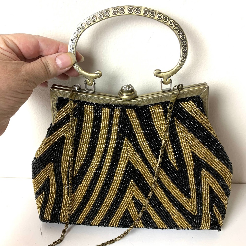 Vintage Gold Black Beaded Evening Purse Party Handbag With Chain Crossbody Strap - Picture 6 of 16